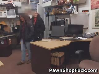 Shop lifting brunet banged on stol in pawn shop ofis