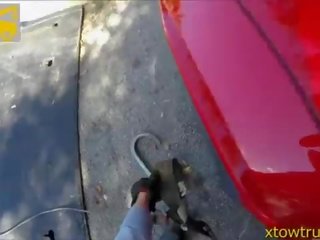 Big boobs teen works a tow truck drivers phallus in her car