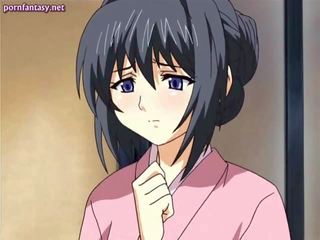 Shy anime brunette licking a manhood